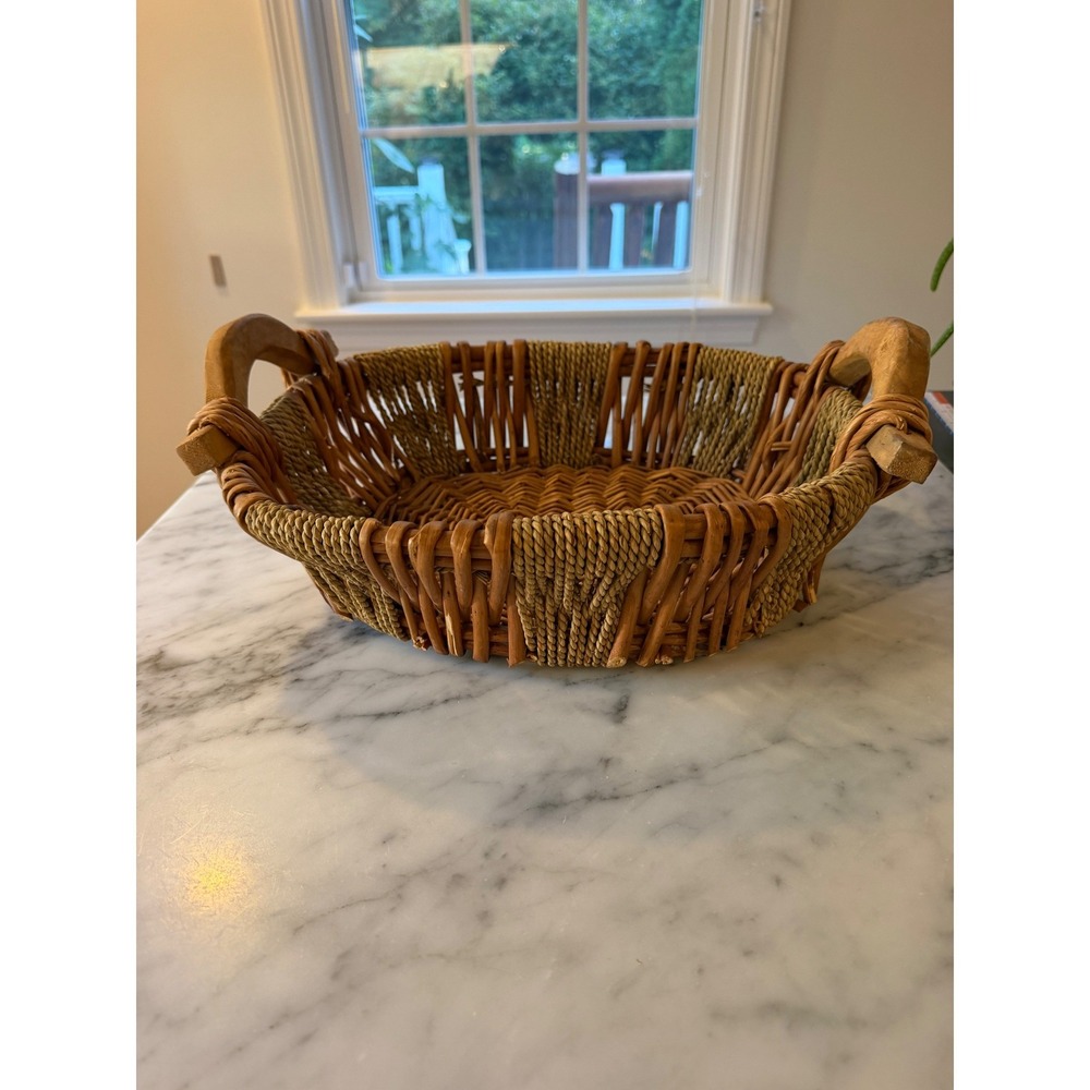 Vintage Woven Wicker Rattan Basket with Wood Handles Brown Oval Storage